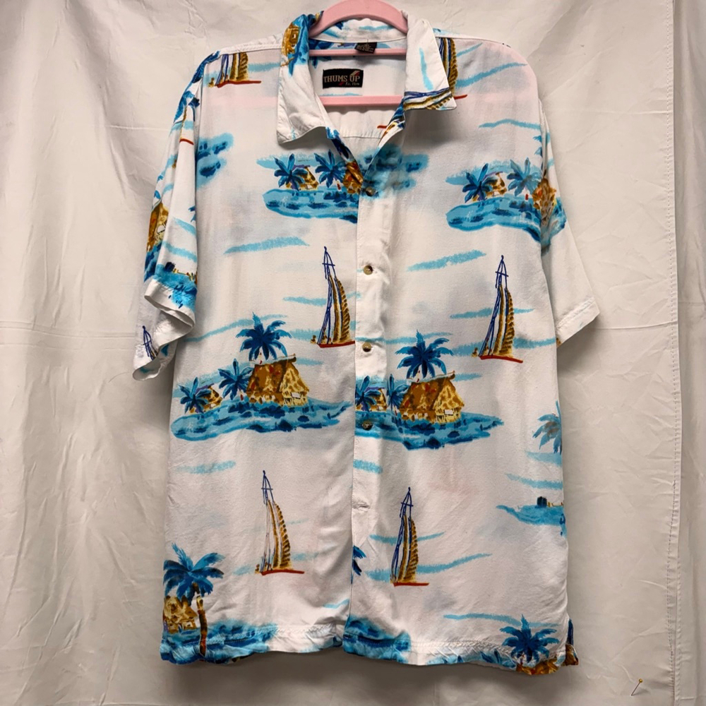 Men's THUMS UP Hawaiian Button Down Shirt L White Blue Tropical